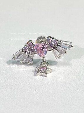 MOS Collection Pink Crystal Heart Bow Star Drop Earrings Gold Coquette Earrings